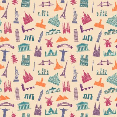 Papier peint à motif  Seamless background with tourist attractions and architectural landmarks