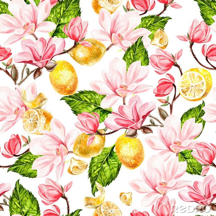 Papier peint à motif  Seamless background with watercolors magnolia and lemon.