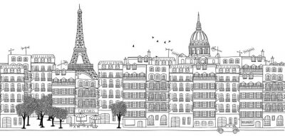 Seamless, bannière, Paris, Horizon, main, dessiné, noir, blanc, Illustration