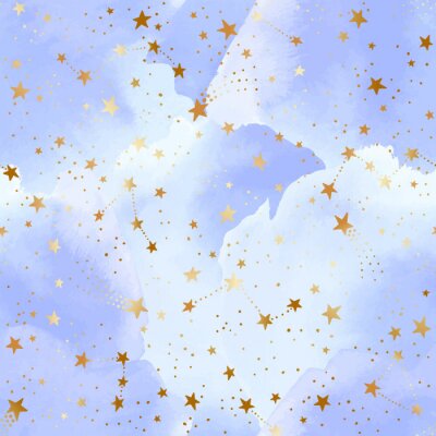 Seamless blue sky pattern with gold foil constellations, stars and watercolor clouds