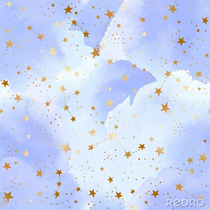 Papier peint à motif  Seamless blue sky pattern with gold foil constellations, stars and watercolor clouds