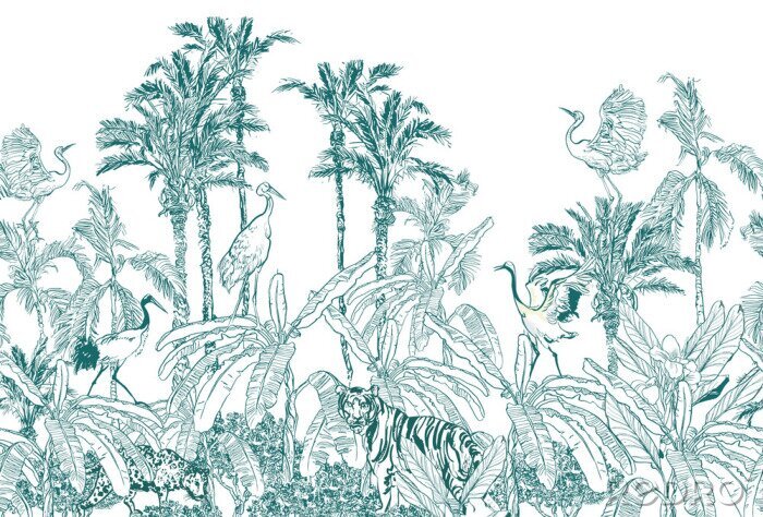 Papier peint à motif  Seamless Border Animals in Tropical Forest with Banana Palms Blue on White background, Lithography Jungle Wallpaper Mural, Wildlife High End Back Drop Heron, Crane, Tiger, Leopard in Exotic Plants