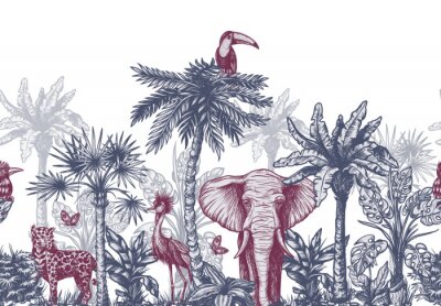 Papier peint  Seamless border with graphical tropical tree such as palm, banana and jungle animals. Vector.