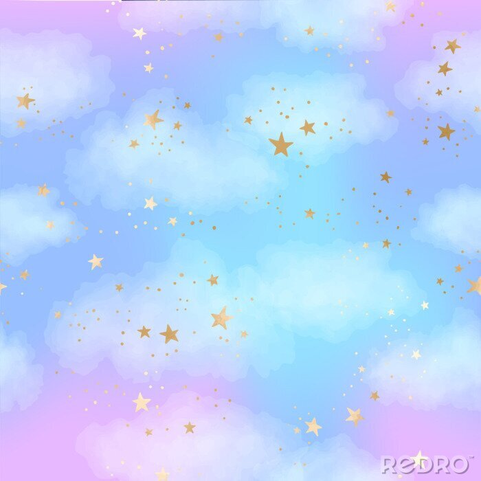 Papier peint à motif  Seamless bright blue and lilac sky pattern with gold constellations, stars and watercolor clouds