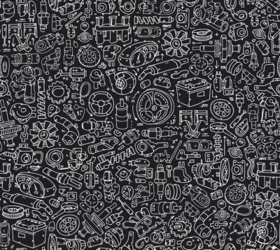 Papier peint à motif  Seamless Car pièces de rechange modèle carreaux. Main, dessin, contour, détails, isolé, blanc, fond, image