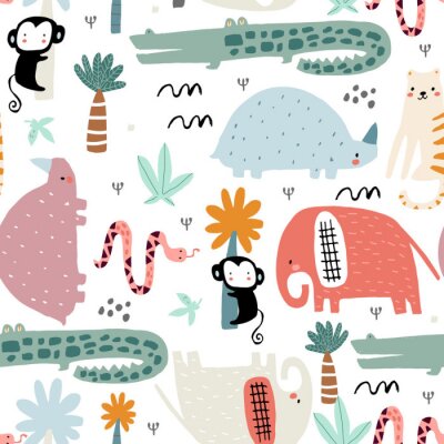 Seamless childish pattern with african animals. Creative scandinavian style kids texture for fabric, wrapping, textile, wallpaper, apparel. Vector illustration
