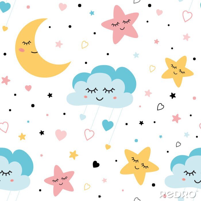Papier peint à motif  Seamless childish pattern with baby stars cloud moon Kids texture fabri wallpaper background Vector illustration