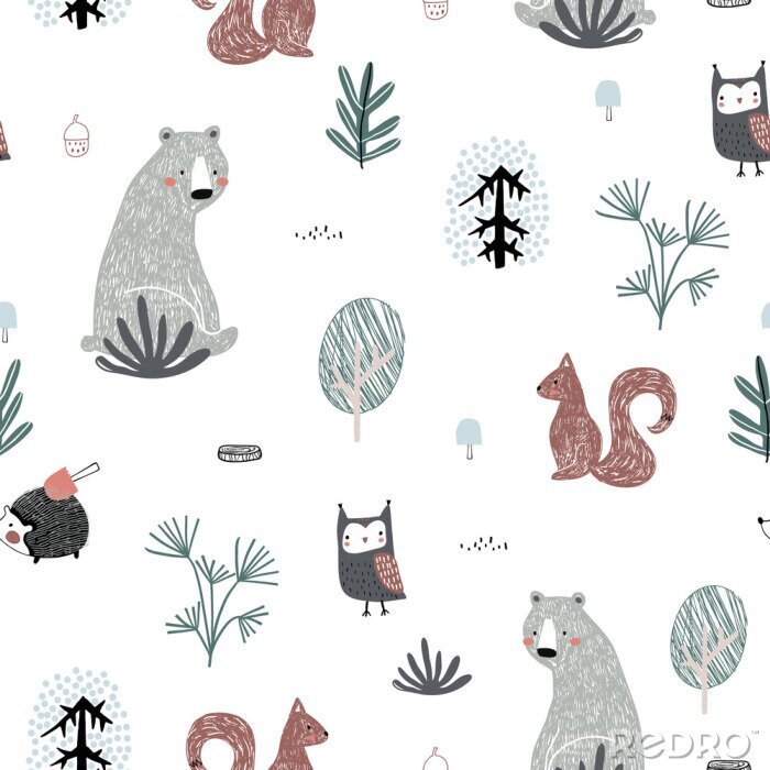 Papier peint à motif  Seamless childish pattern with cute bear, squirrels, owl, hedgehog in the wood. Creative kids forest texture for fabric, wrapping, textile, wallpaper, apparel. Vector illustration