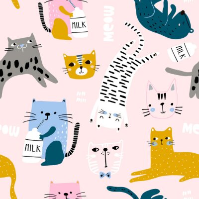 Papier peint à motif  Seamless childish pattern with cute cats in different poses. Creative kids hand drawn texture for fabric, wrapping, textile, wallpaper, apparel. Vector illustration