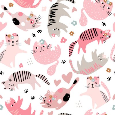 Papier peint à motif  Seamless childish pattern with cute girl cats . Creative kids hand drawn texture for fabric, wrapping, textile, wallpaper, apparel. Vector illustration