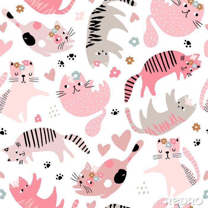 Papier peint à motif  Seamless childish pattern with cute girl cats . Creative kids hand drawn texture for fabric, wrapping, textile, wallpaper, apparel. Vector illustration
