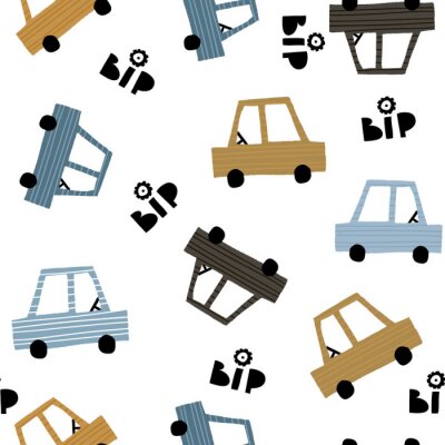 Papier peint à motif  Seamless childish pattern with hand cartoon drawn cars. Creative kids texture for fabric, wrapping, textile, wallpaper, apparel. Vector illustration