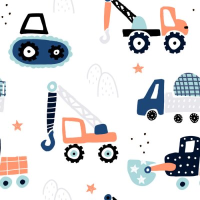 Seamless childish pattern with hand drawn building cars. Creative kids texture for fabric, wrapping, textile, wallpaper, apparel. Vector illustration