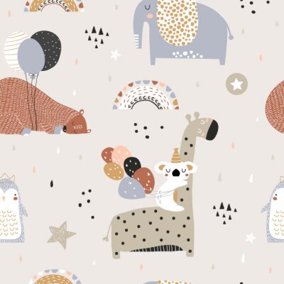 Papier peint à motif  Seamless childish pattern with party animals . Creative scandinavian kids texture for fabric, wrapping, textile, wallpaper, apparel. Vector illustration