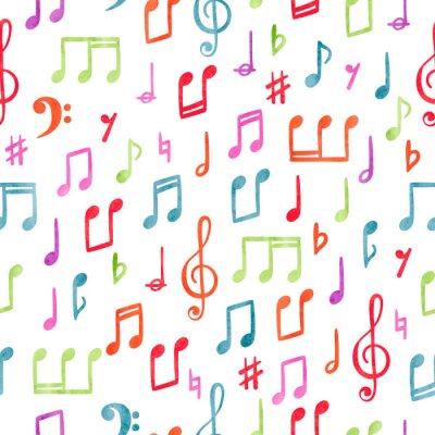 Seamless colorful music notes pattern. Musical watercolor background.	