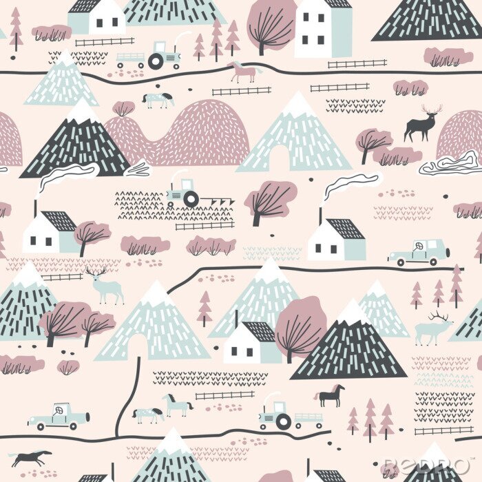 Papier peint à motif  Seamless colorful pattern with house, trees, horses, mountains and hills. Perfect for kids fabric, textile, nursery wallpaper.