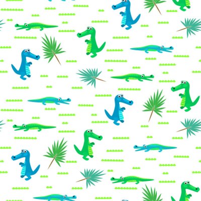Papier peint à motif  Seamless, crocodile, gosse, dessin animé, vecteur, modèle. Fond bleu et vert d'alligator.