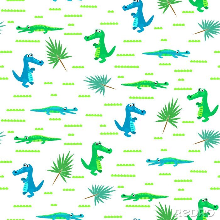 Papier peint à motif  Seamless, crocodile, gosse, dessin animé, vecteur, modèle. Fond bleu et vert d'alligator.