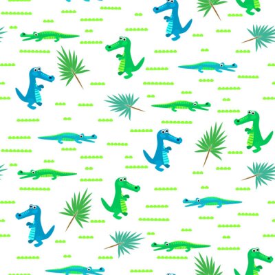 Papier peint à motif  Seamless, crocodile, gosse, dessin animé, vecteur, modèle. Fond bleu et vert d'alligator.