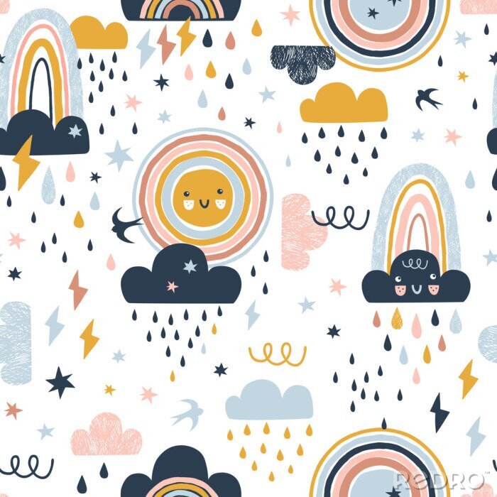 Papier peint à motif  Seamless cute pattern with hand drawn rainbows, rain drops, clouds sun and martlets. Creative scandinavian childish background for fabric, wrapping, textile, wallpaper, apparel. Vector illustration