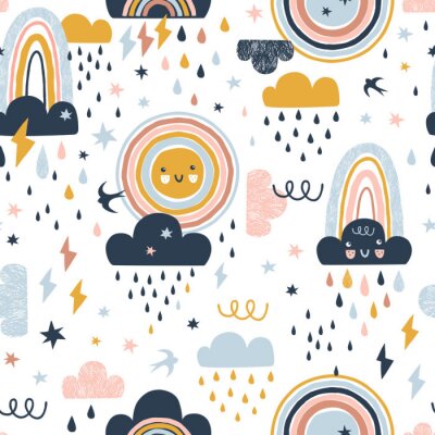 Papier peint à motif  Seamless cute pattern with hand drawn rainbows, rain drops, clouds sun and martlets. Creative scandinavian childish background for fabric, wrapping, textile, wallpaper, apparel. Vector illustration