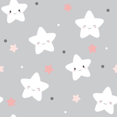 Papier peint à motif  Seamless cute smiley white stars pattern on pastel grey background.