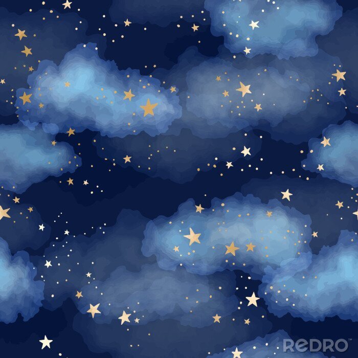 Papier peint à motif  Seamless dark blue night sky pattern with gold foil constellations, stars and watercolor clouds