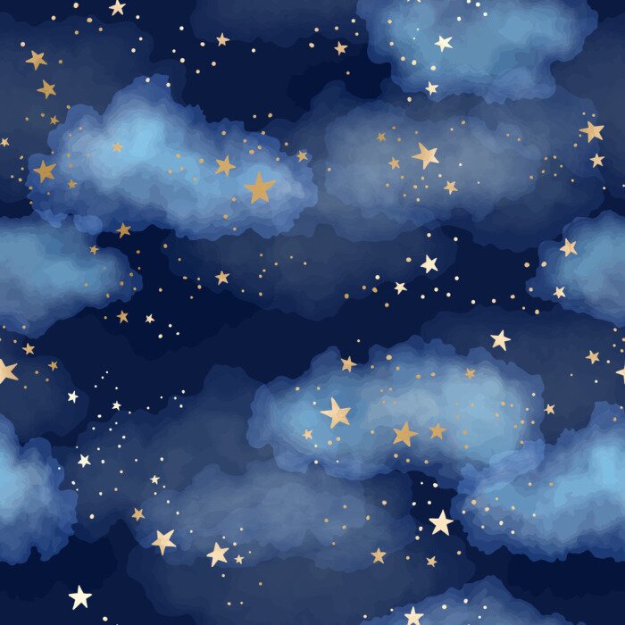 Papier peint à motif  Seamless dark blue night sky pattern with gold foil constellations, stars and watercolor clouds
