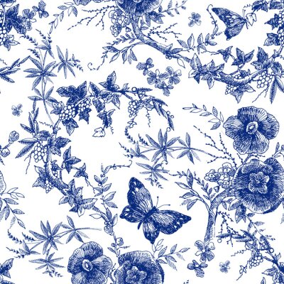 Papier peint à motif  seamless design with roses flowers. Fairytale forest. hand drawn vintage botanical pattern line graphics. fashion textile design Indigo color. floral illustration