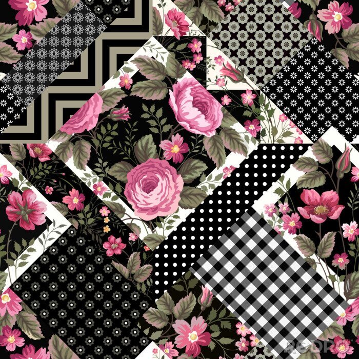 Papier peint à motif  Seamless, floral, patchwork, modèle, rose, roses, géométrique