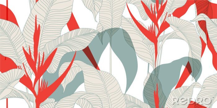 Papier peint à motif  Seamless floral pattern in vintage oriental style. Exotic leaves with red Heliconia flowers on a light background. Vector illustration