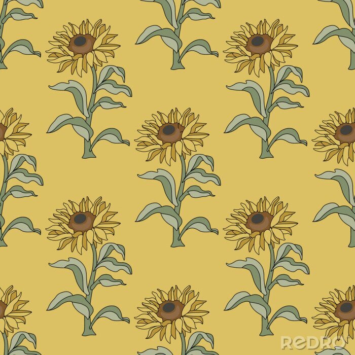 Papier peint à motif  Seamless floral pattern with branches of sunflower plant.