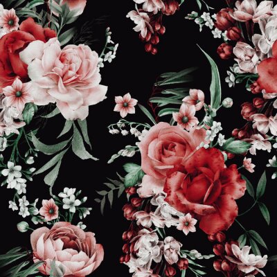 Papier peint à motif  Seamless floral pattern with flowers on dark background, watercolor. Template design for textiles, interior, clothes, wallpaper. Botanical art