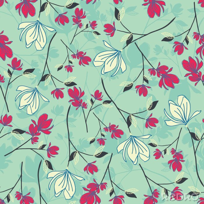 Papier peint à motif  seamless floral pattern with hand drawn magnolia flowers. creative floral designs for fabric, wrapping, wallpaper, textile, apparel. vector illustration