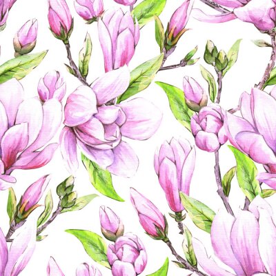 Papier peint à motif  Seamless floral wallpaper with japanese magnolia flowers, watercolor pattern for  spring woman dress.