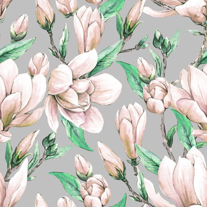 Papier peint à motif  Seamless floral wallpaper with japanese magnolia flowers, watercolor pattern for  spring woman dress.