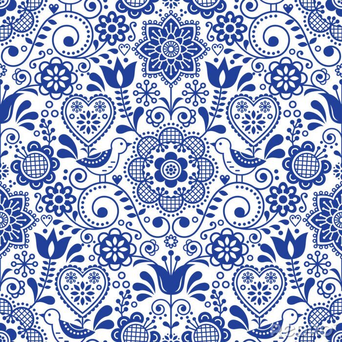 Papier peint à motif  Seamless folk art vector pattern with birds and flowers, Scandinavian navy blue repetitive floral design