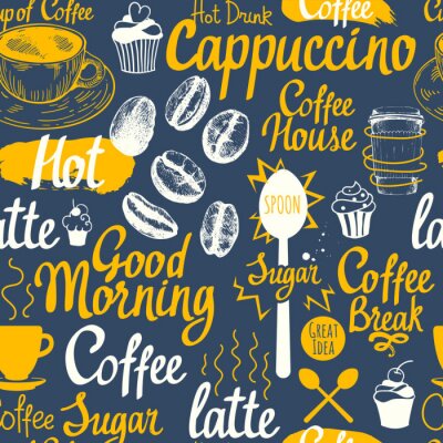 Papier peint à motif  Seamless fond d'esquisse. Boissons chaudes menu. Illustration Vecteur modèle avec tasse, cafetière, haricots, cuillère, étiquettes.