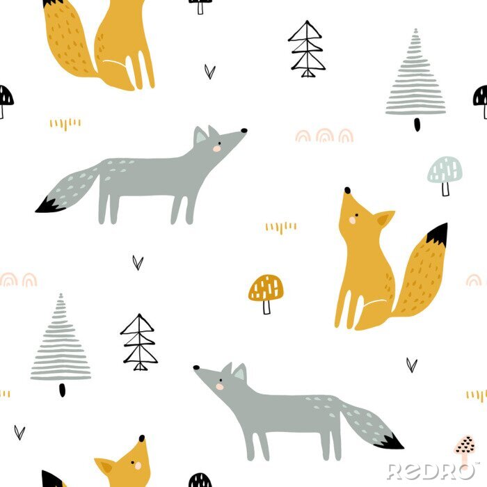 Papier peint à motif  Seamless forest pattern with foxes, trees, mushrooms. Creative minimalistic kids for fabric, wrapping, textile, wallpaper, apparel. Vector illustration