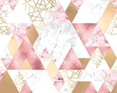 Papier peint à motif  Seamless geometric pattern with metallic lines, rose gold, gray and pink marble triangles