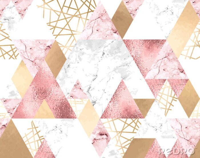 Papier peint à motif  Seamless geometric pattern with metallic lines, rose gold, gray and pink marble triangles