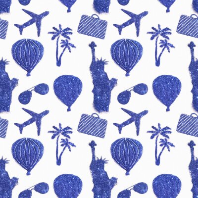 Papier peint à motif  Seamless, modèle, différent, Symboles, voyage, bleu, paillette. Statue de la Liberté, ballons d'air, avions