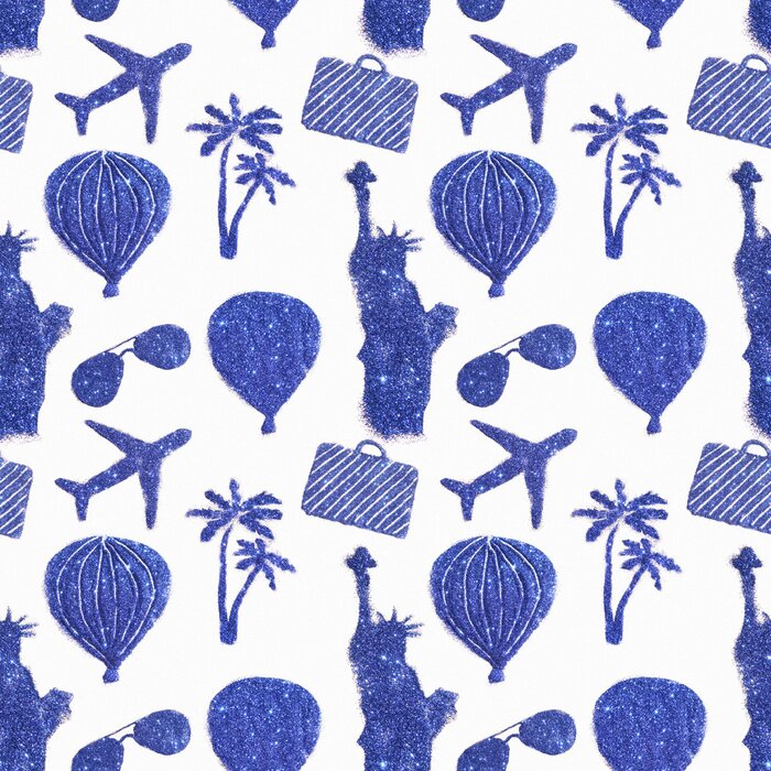 Papier peint à motif  Seamless, modèle, différent, Symboles, voyage, bleu, paillette. Statue de la Liberté, ballons d'air, avions