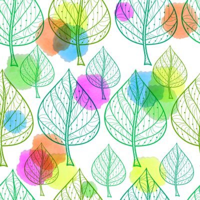 Papier peint à motif  Seamless, modèle, feuilles, aquarelle, taches, blanc, fond
