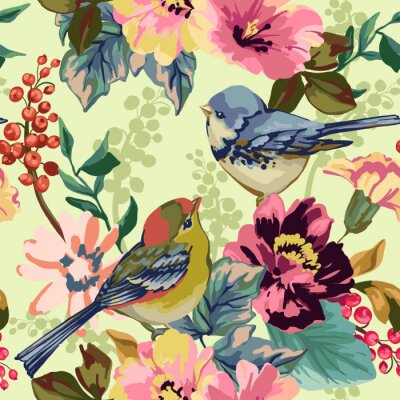 Papier peint à motif  Seamless, modèle, floral, éléments, oiseaux