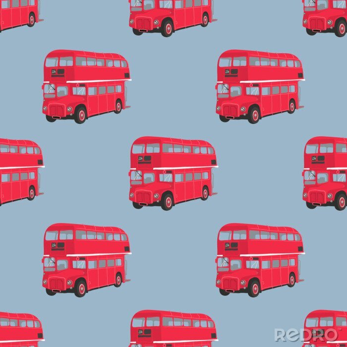 Papier peint à motif  Seamless, modèle, londres, rouge, autobus Double decker bus rouge illustration vectorielle. Transport en commun de la ville. Retro-bus sur fond bleu