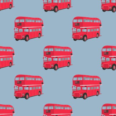 Papier peint à motif  Seamless, modèle, londres, rouge, autobus Double decker bus rouge illustration vectorielle. Transport en commun de la ville. Retro-bus sur fond bleu