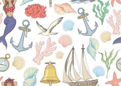 Papier peint à motif  Seamless nautical pattern with ships, mermaid, coral and other marine objects