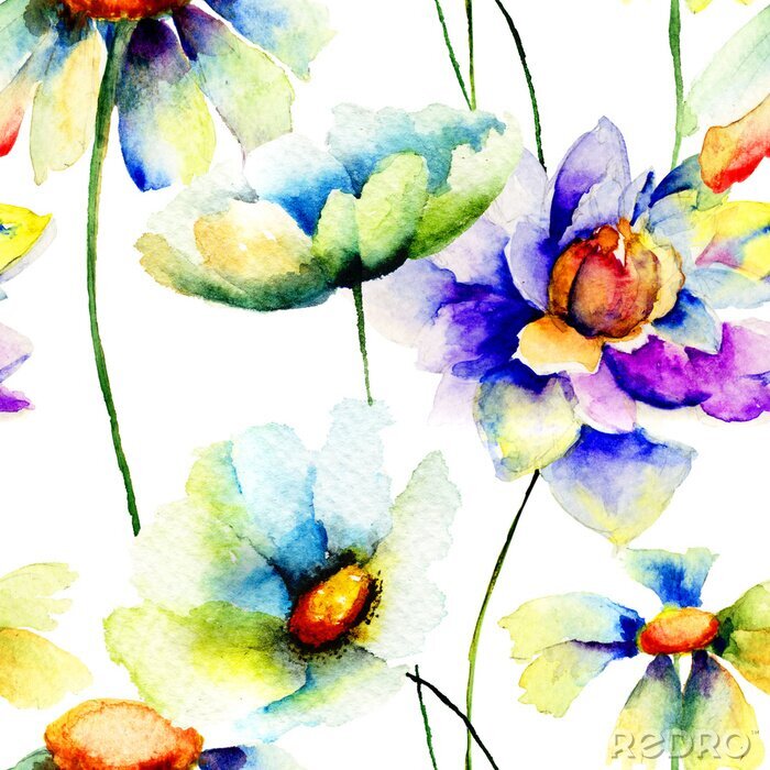 Papier peint à motif  Seamless pattern avec des fleurs de camomille