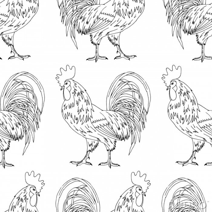 Papier peint à motif  seamless pattern, black and white linear rooster pattern